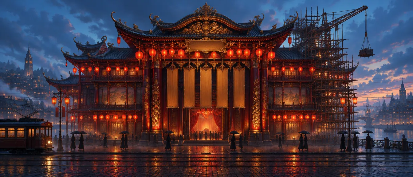 Gedung opera Gilt Lantern saat senja: fasad lak merah dan ukiran emas, deretan lentera, papan nama kayu tergantung di gerbang, perancah bambu dan derek pembongkaran di sisi kanan