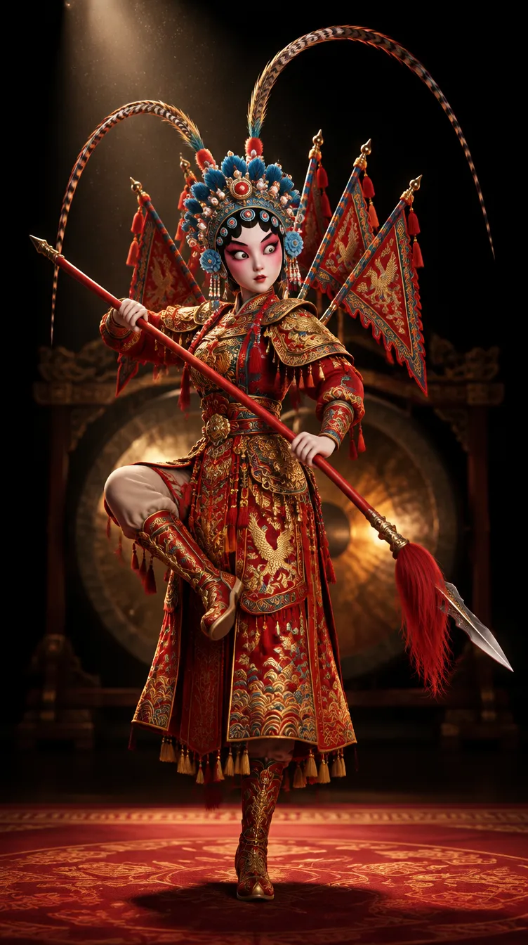 Lark dalam kostum zirah merah emas dengan panji kecil di punggung dan bulu panjang di hiasan kepala, membeku dalam pose liangxiang dengan tombak, sendirian di karpet merah di bawah satu sorot lampu